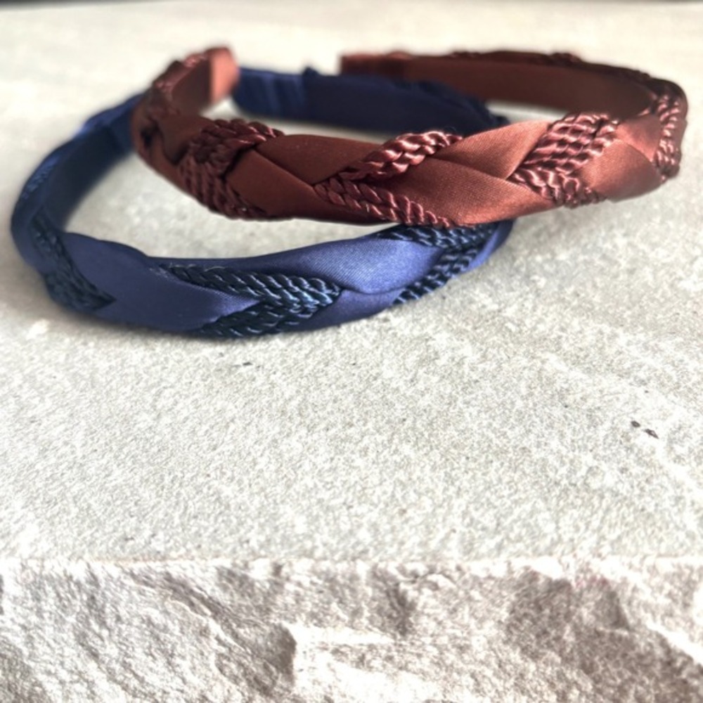 Vintage Braided Satin With Robe Cording Multi-textured‎ Headband Navy Brown Set